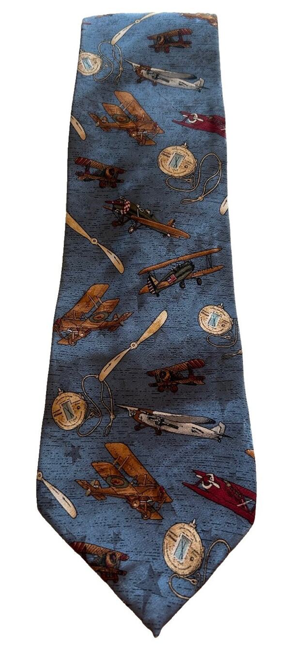 Vtg Max Raab Men’s Silk Tie 3.74” Magnificent Americana Airplanes ca. 1870-1950